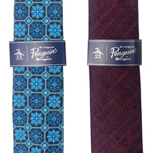 Penguin Slim Skinny Tie LOT‎ OF TWO Men's Blue Medallion Burgundy Modern NWT